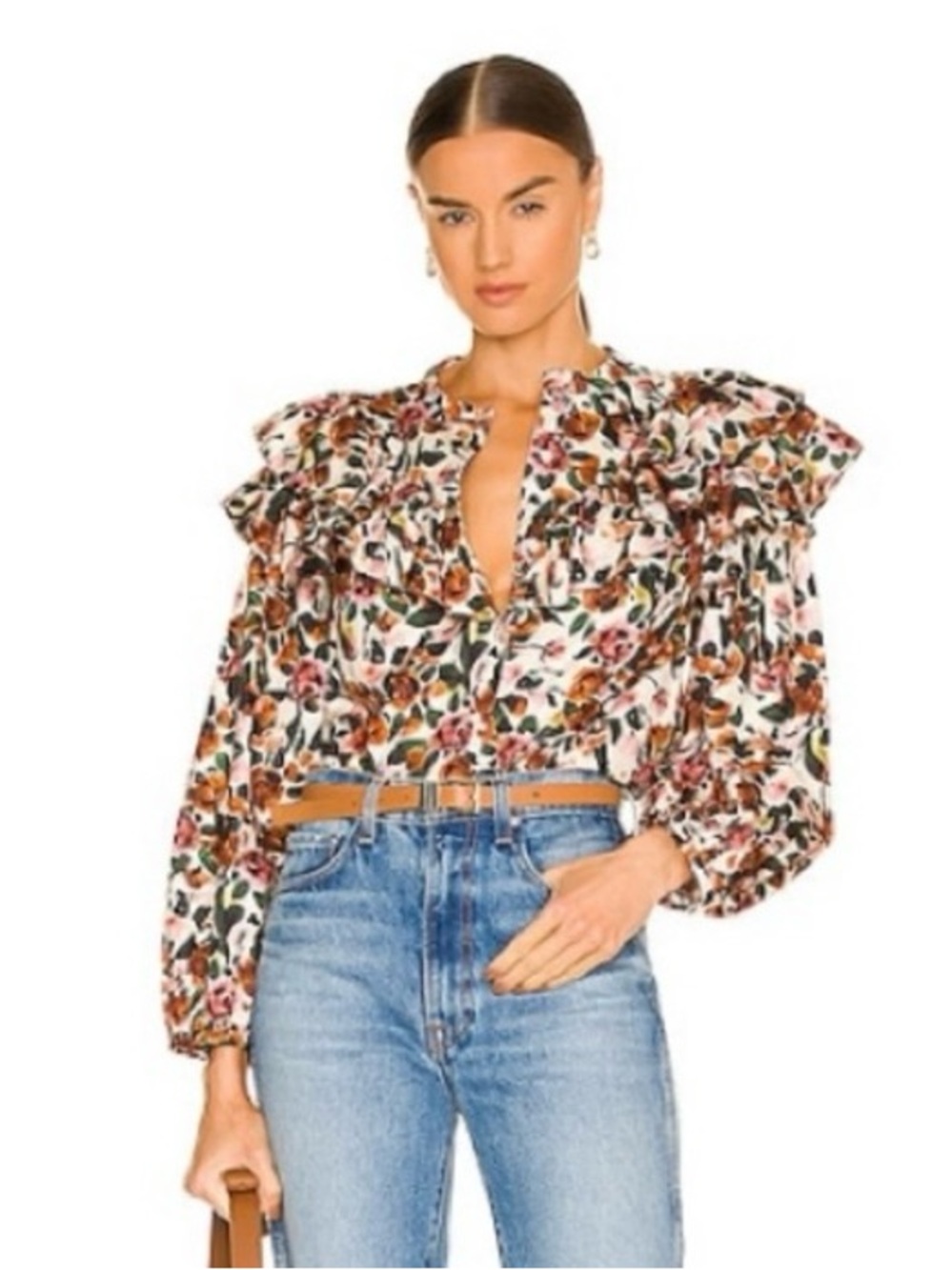 Revolve Something Navy Floral Ruffle Button Up Blouse NWT 🌴